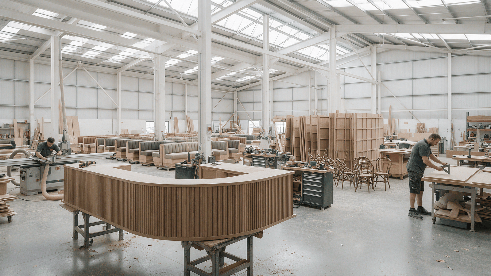 Restaurant counters, banquettes and wall panels being manufactured off-site in a joinery workshop